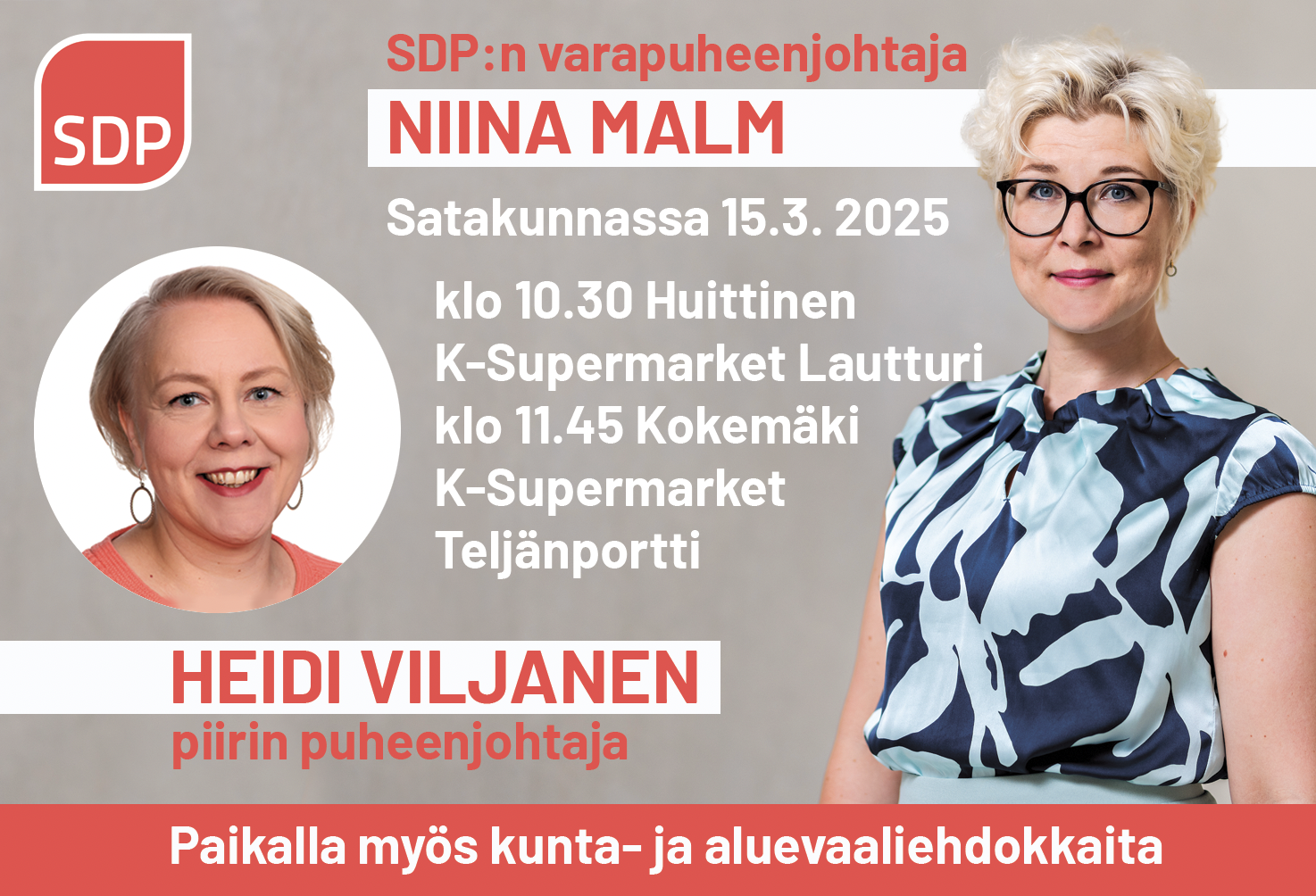 SDP:n varapuheenjohtaja Niina Malm vierailee 15.3.2025 klo 11:45